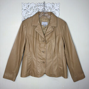 WILSONS Leather Maxima Women's size LARGE Button Front Long Sleeves Lined TAN